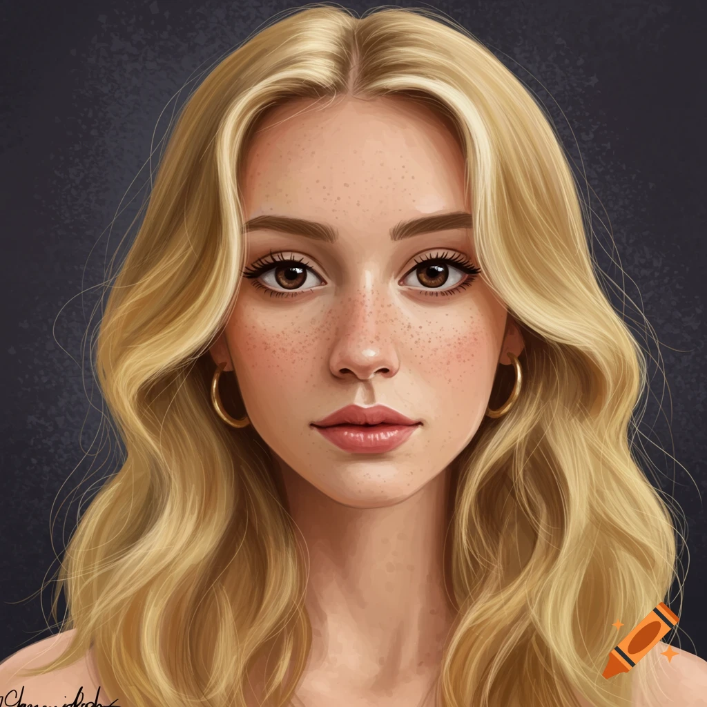 A portrait of a young woman with blonde wavy hair, freckles, brown eyes, and gold hoop earrings against a dark background.