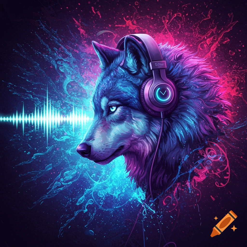 A wolf wearing headphones is surrounded by neon music effects.