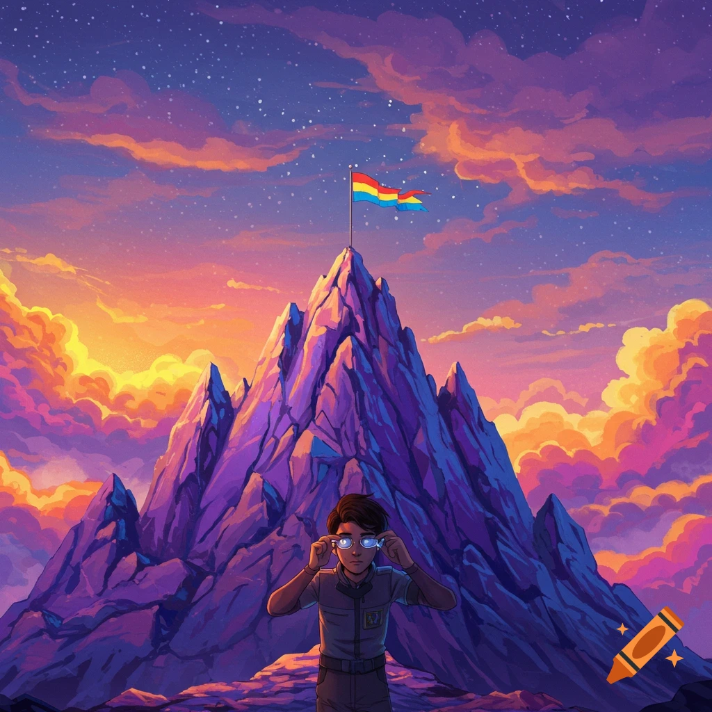 A person putting on glasses in front of a tall mountain with a rainbow flag on top under a starry, colorful sky.