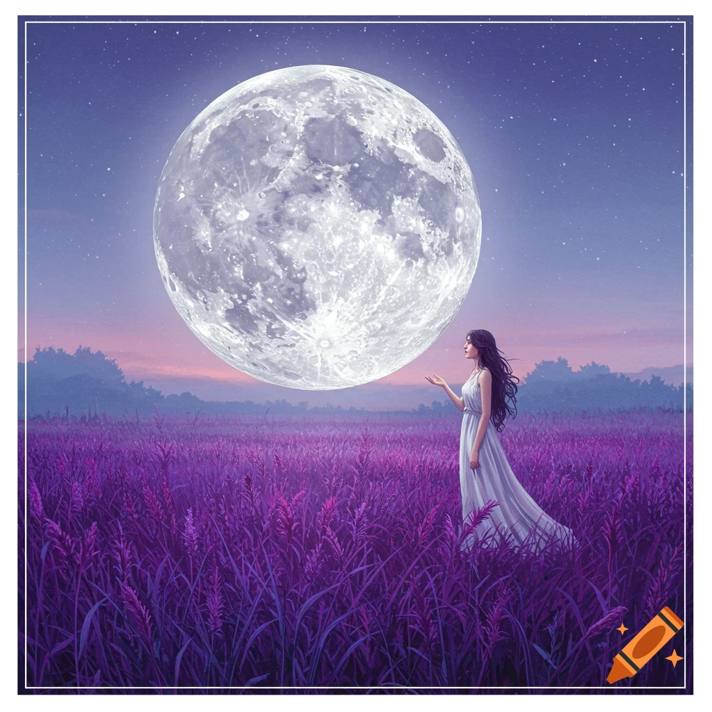 A woman stands in a field of purple flowers, her hand outstretched towards a giant moon hanging in the night sky.