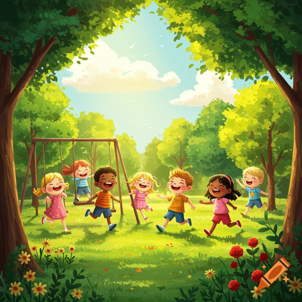 Happy children playing on swings and running in a sunny park illustration.