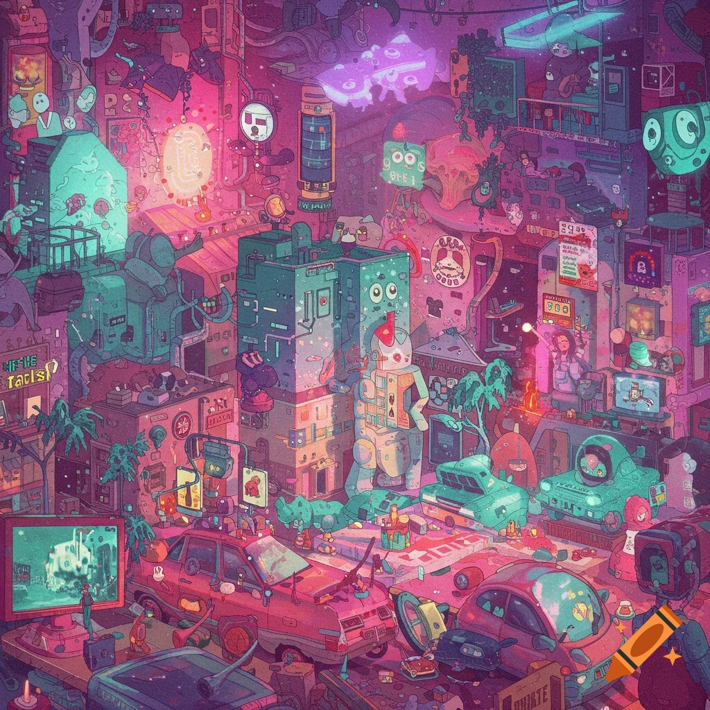 Busy, colorful illustration of a futuristic city with robots and vehicles