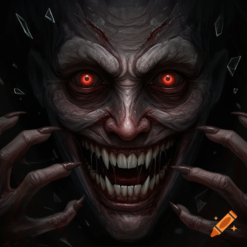 Close-up image of a scary monster face with sharp teeth and glowing red eyes
