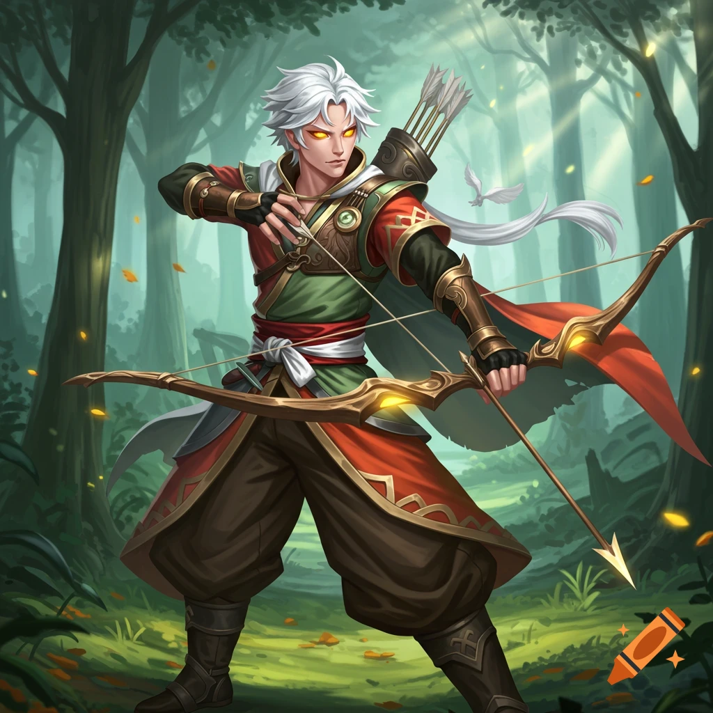 Anime archer with white hair and glowing eyes aiming a bow in a forest