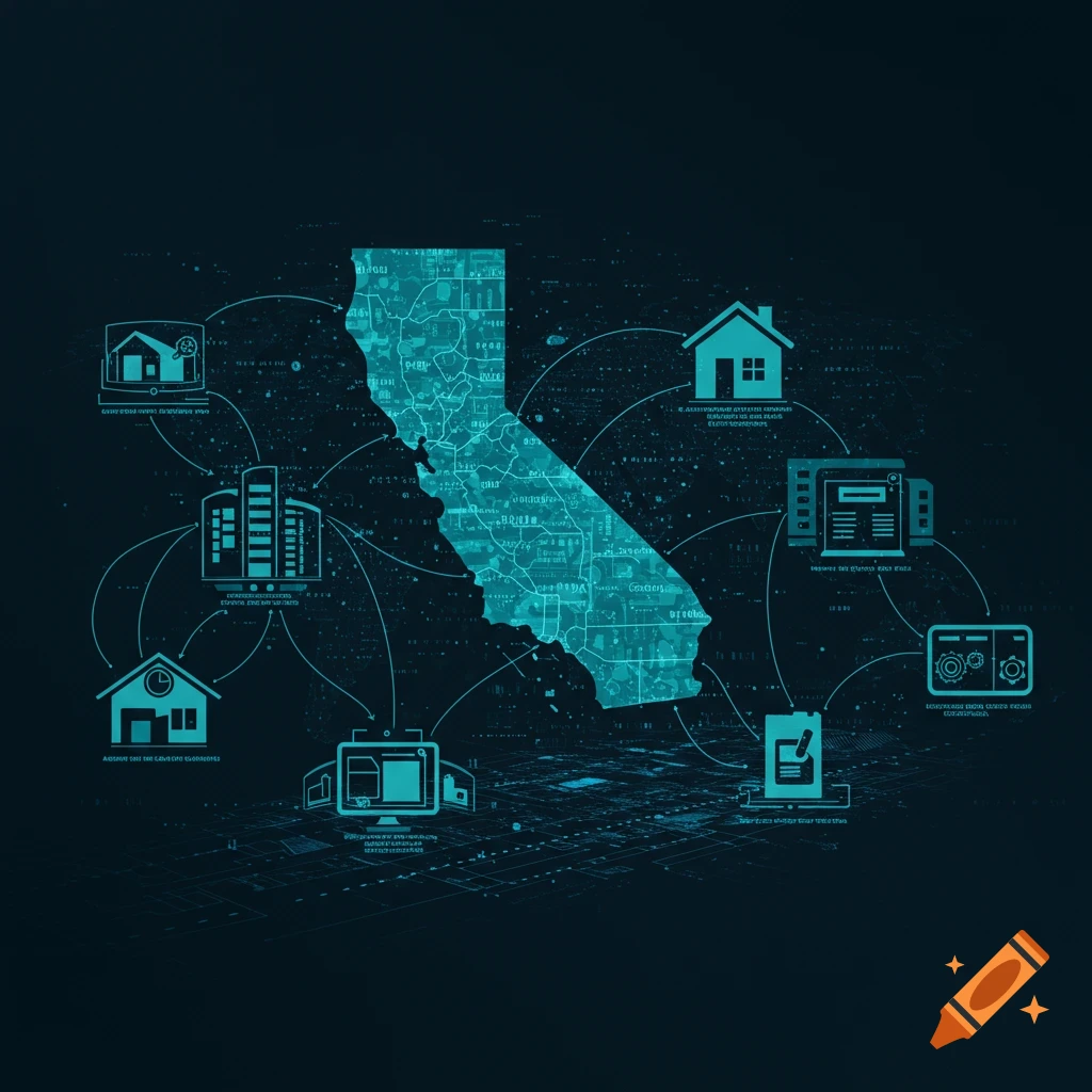 Digital illustration of California map with connected tech icons for homes, buildings, and services on a dark background.