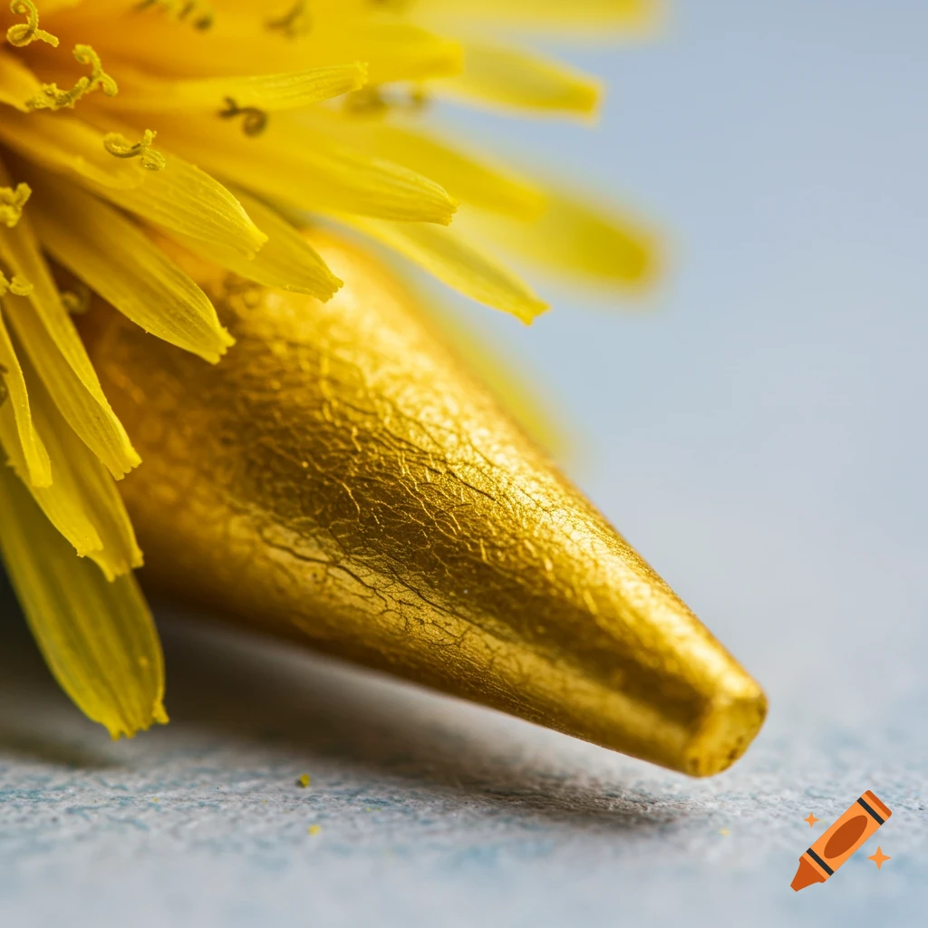 Macro close-up of a gold crayon tip next to a dandelion flower.