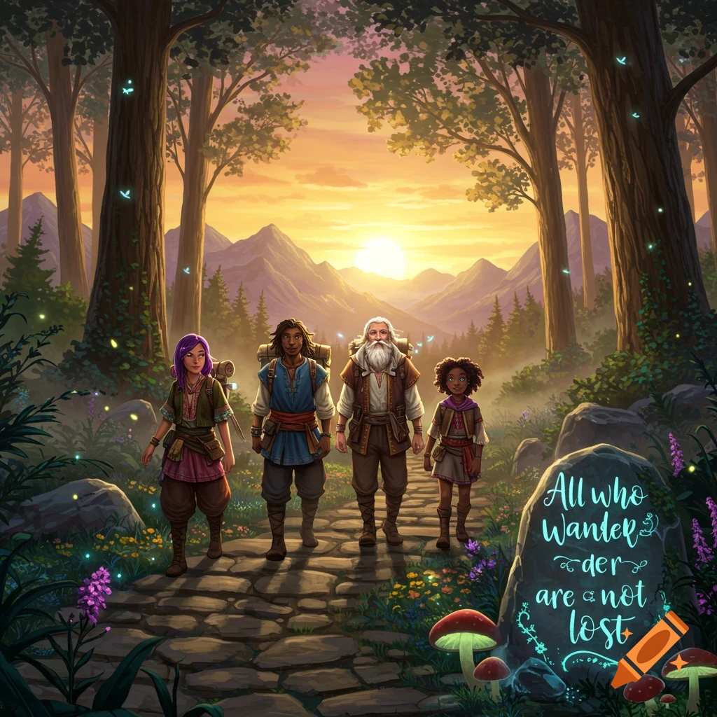 Four diverse hikers on a path in a forest at sunset
