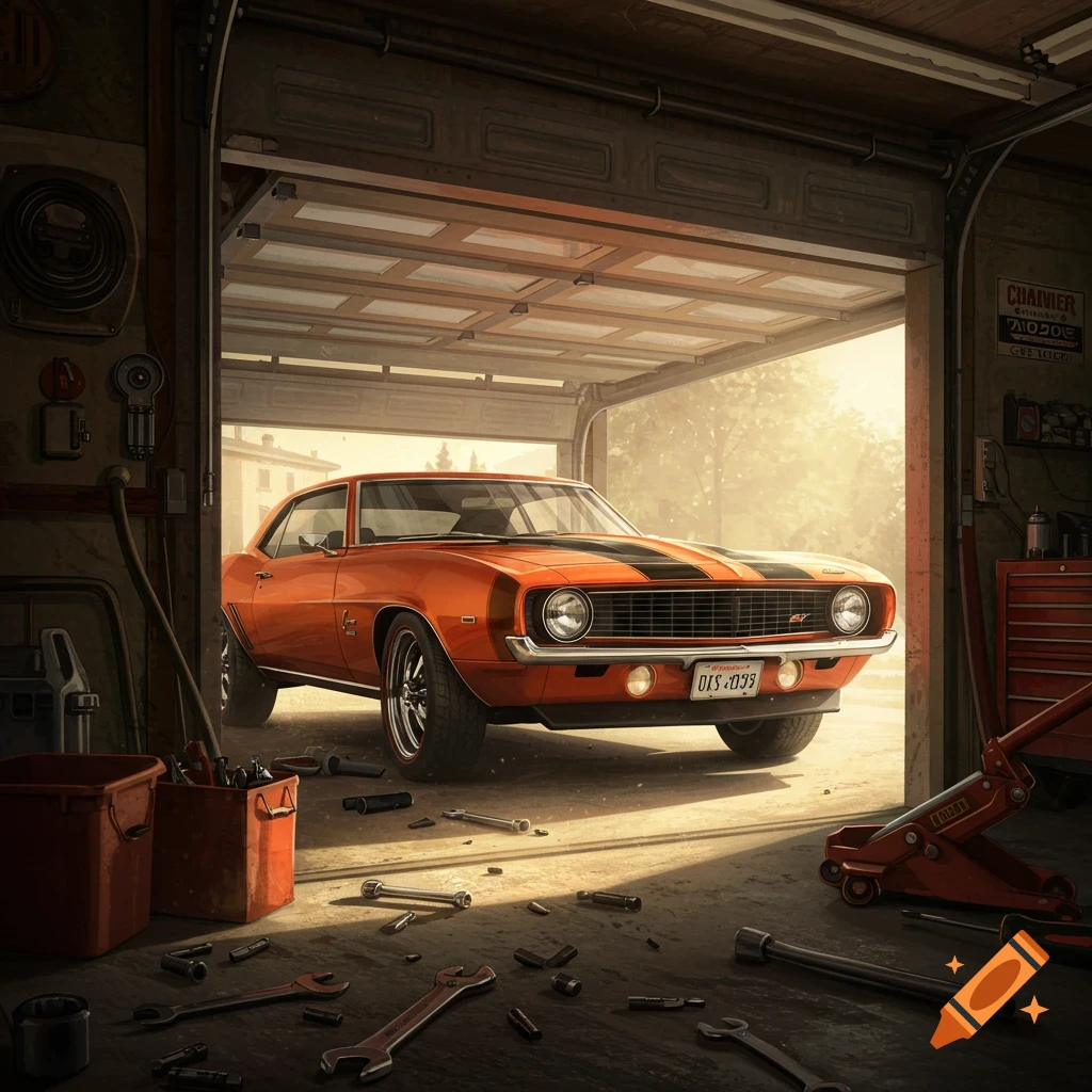 An orange classic car sits in a sunlit garage with tools scattered on the floor.