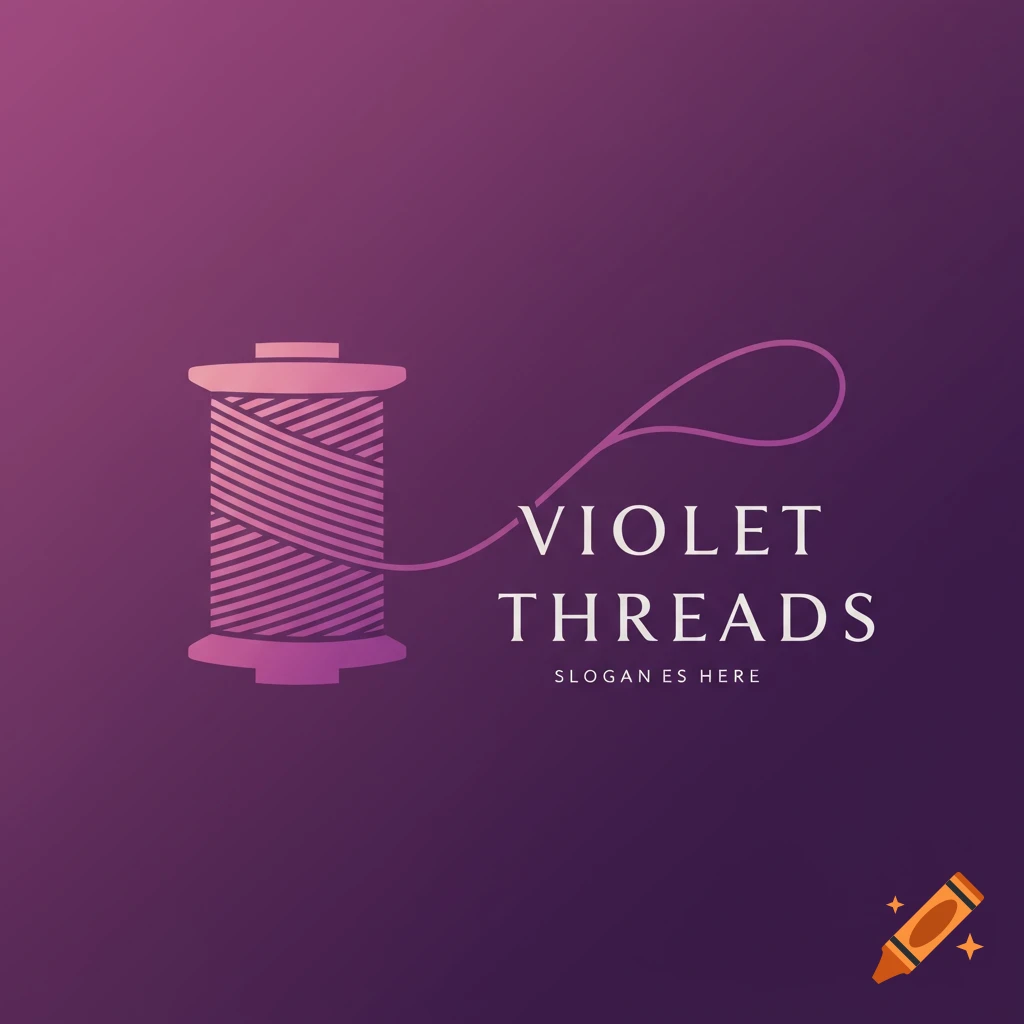 Logo design with purple thread spool and text 'VIOLET THREADS SLOGAN ES HERE' on a purple gradient background.