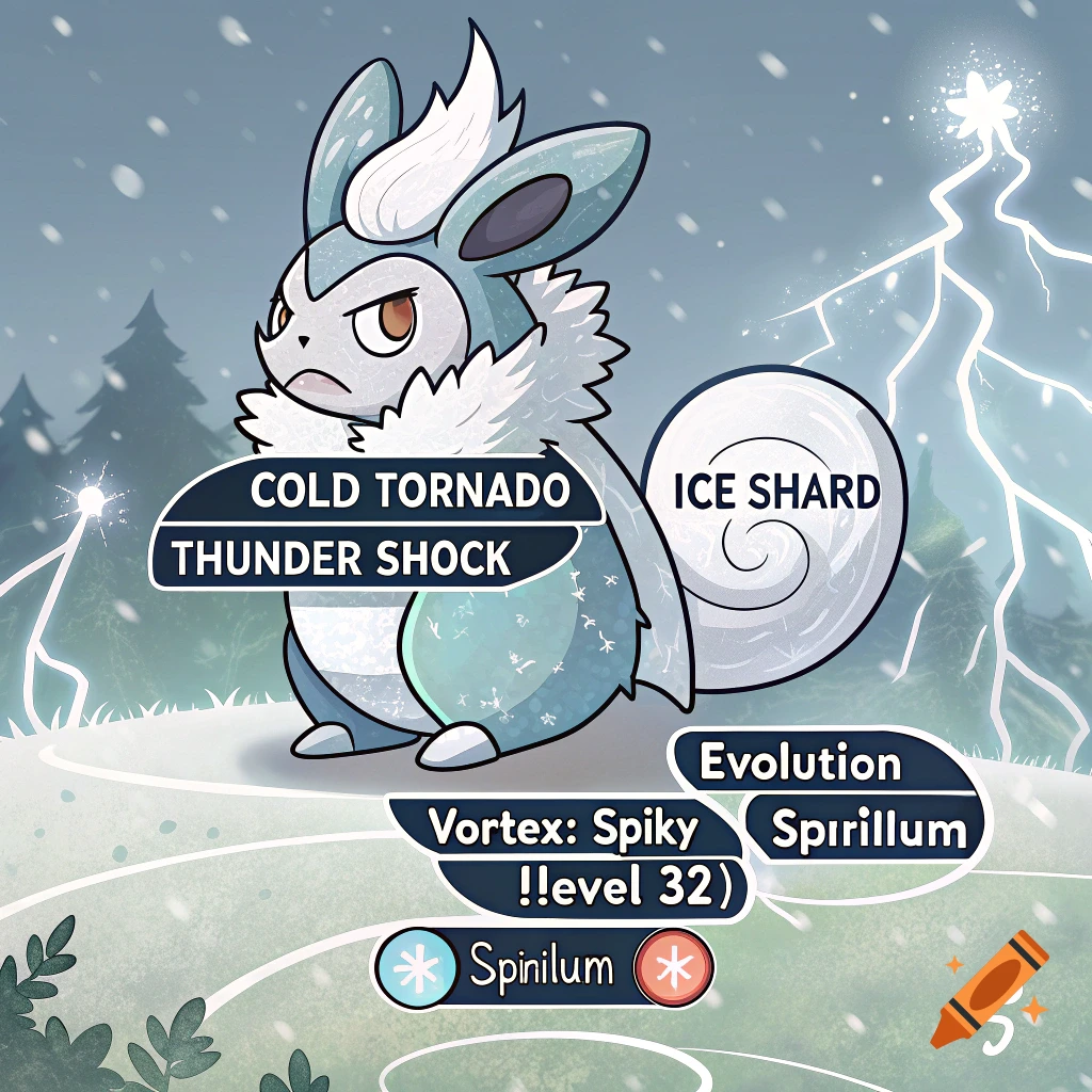 Cartoon creature resembling a rabbit or squirrel in a winter storm with text labels like Cold Tornado and Thunder Shock.