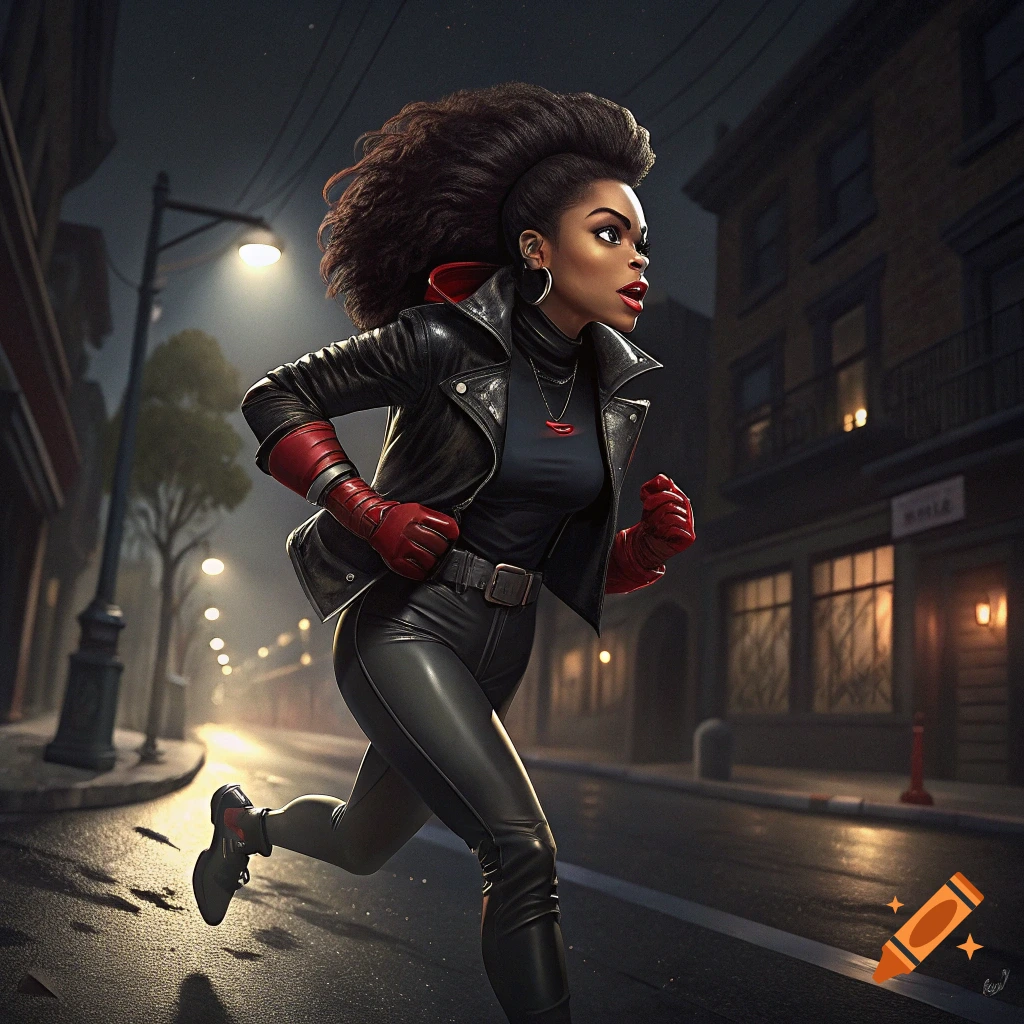 A woman in a leather jacket and red gloves runs down a dark urban street at night, digital art.