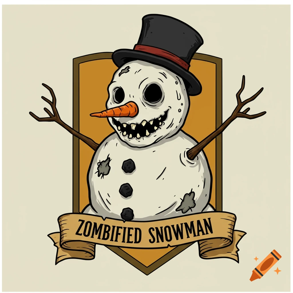 Illustration of a zombified snowman on a merit badge with text reading "Zombified Snowman".