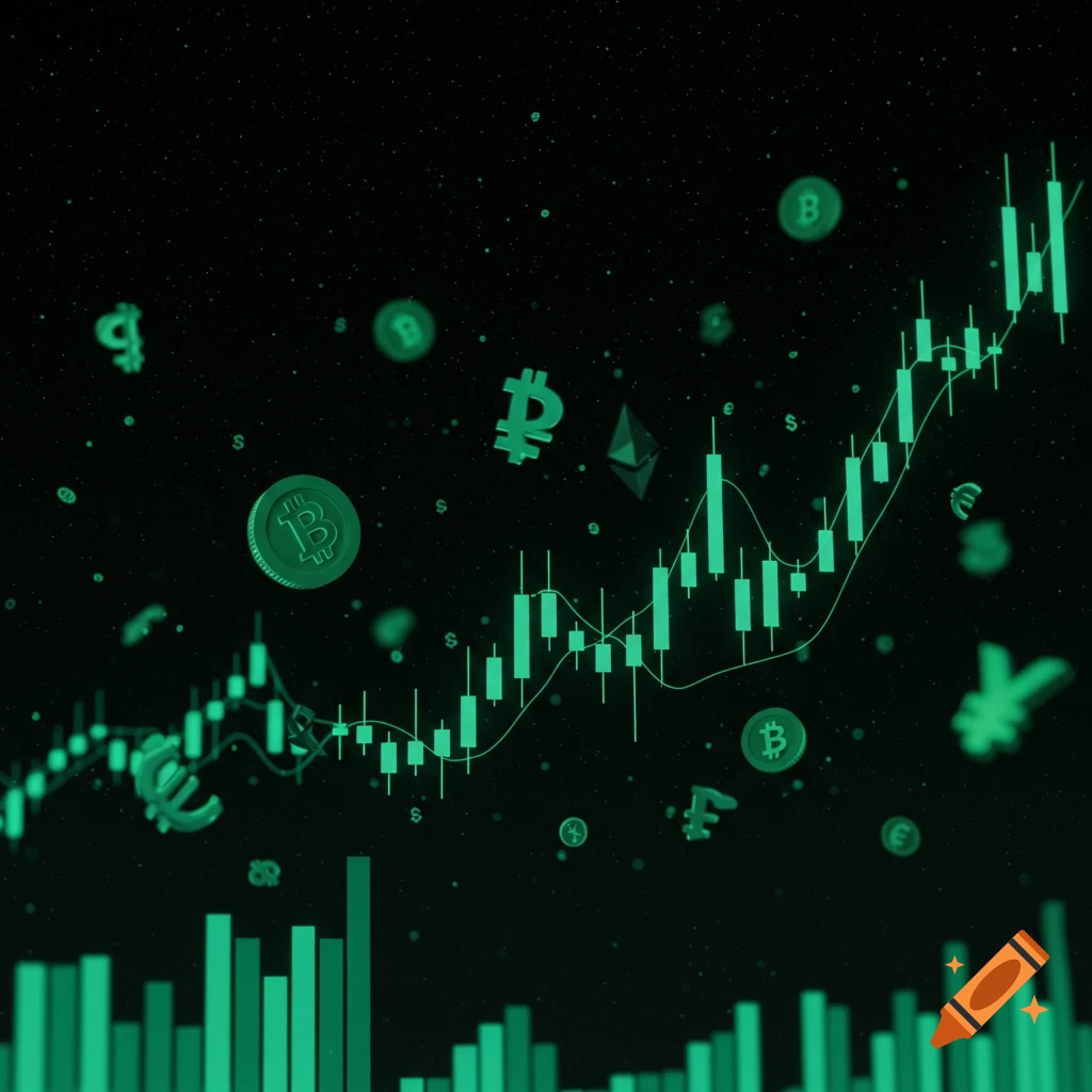 Green financial charts and currency symbols like Bitcoin floating in a starry dark space.