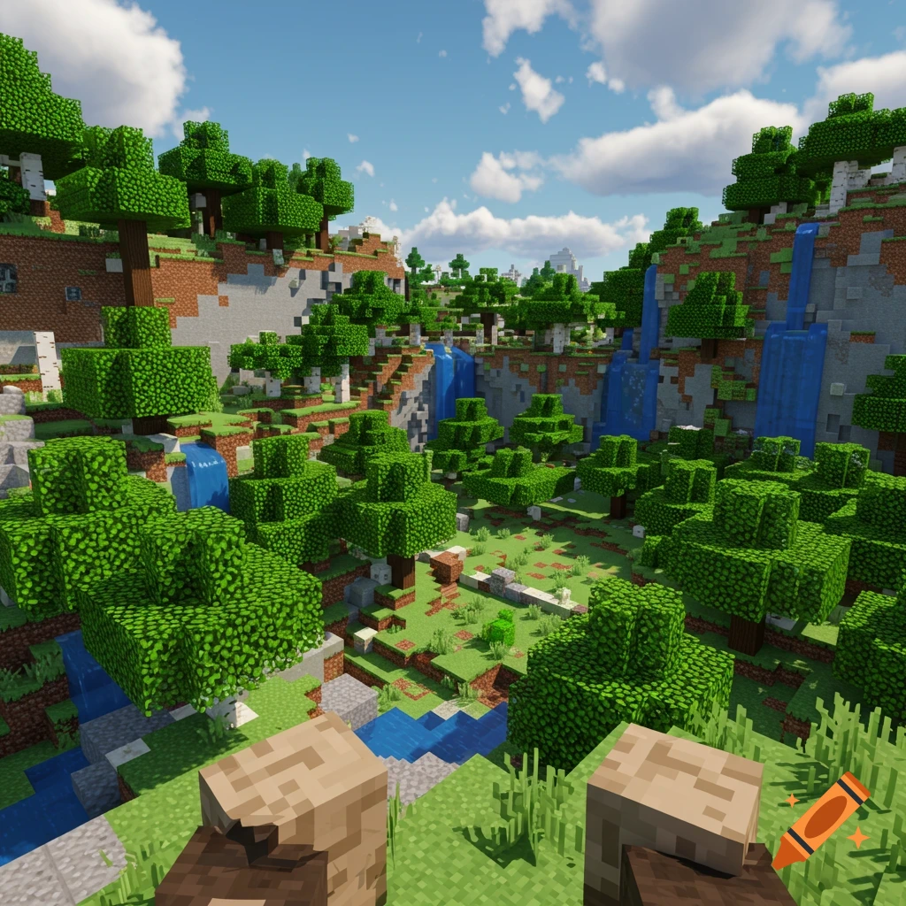 Detailed Minecraft landscape with trees, waterfalls, and river under a blue sky, from a first-person view.
