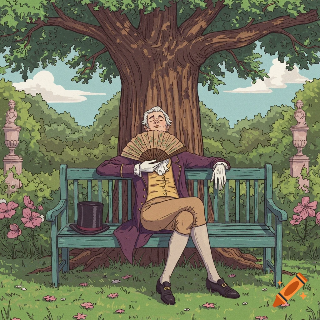 An aristocratic gentleman rests on a garden bench under a tree, fanning himself.