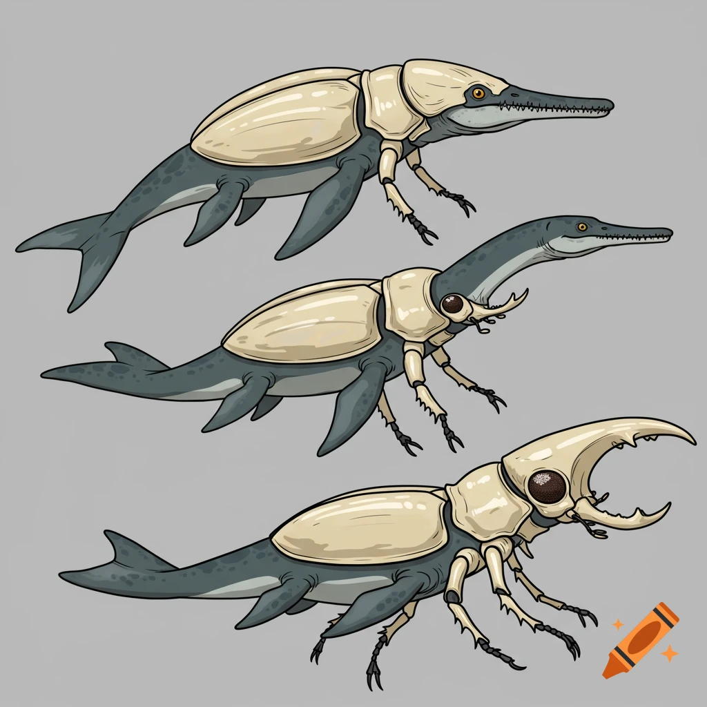 Three side-by-side vector illustrations of creatures fusing plesiosaurs and beetles