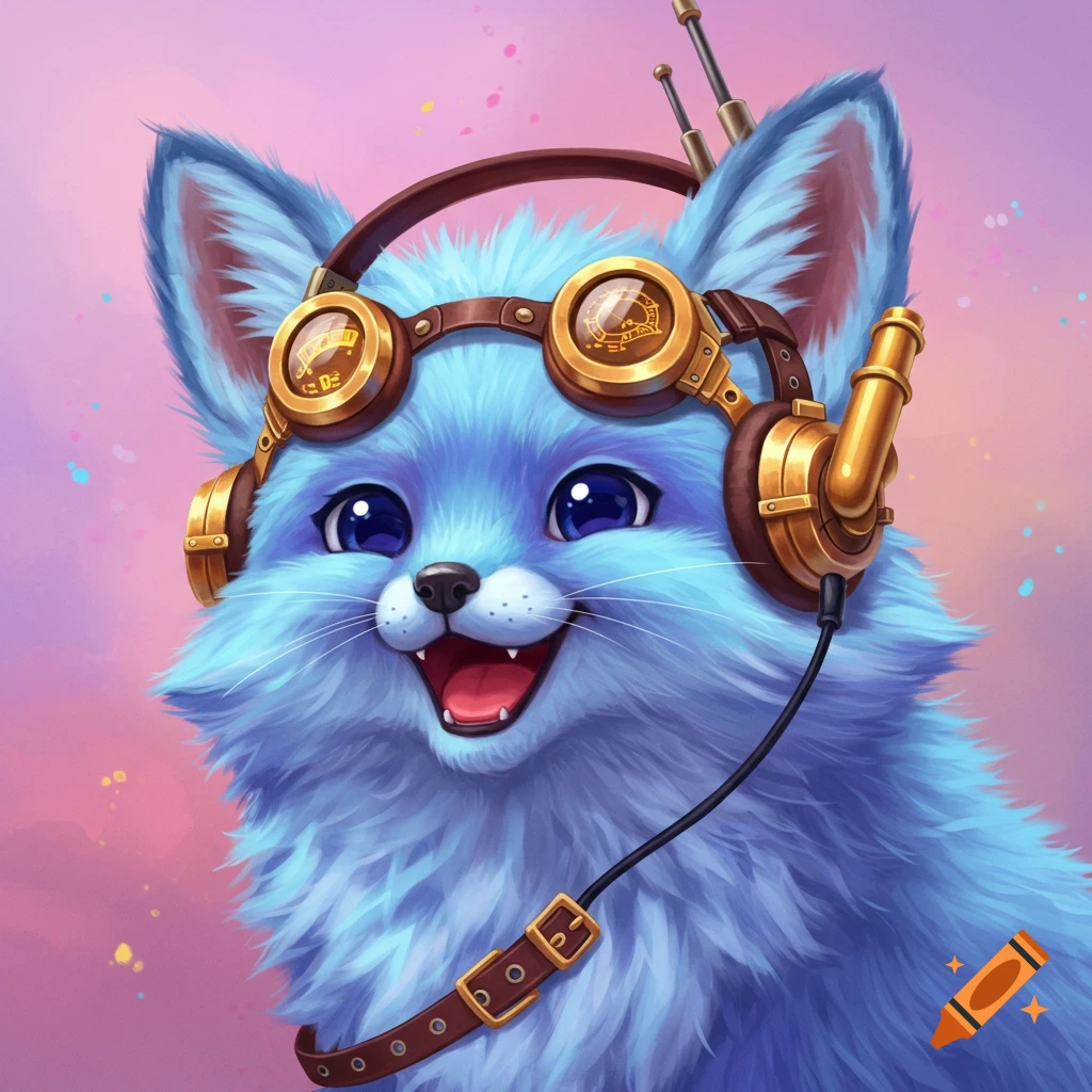 A fluffy blue fox wears steampunk headphones and smiles.