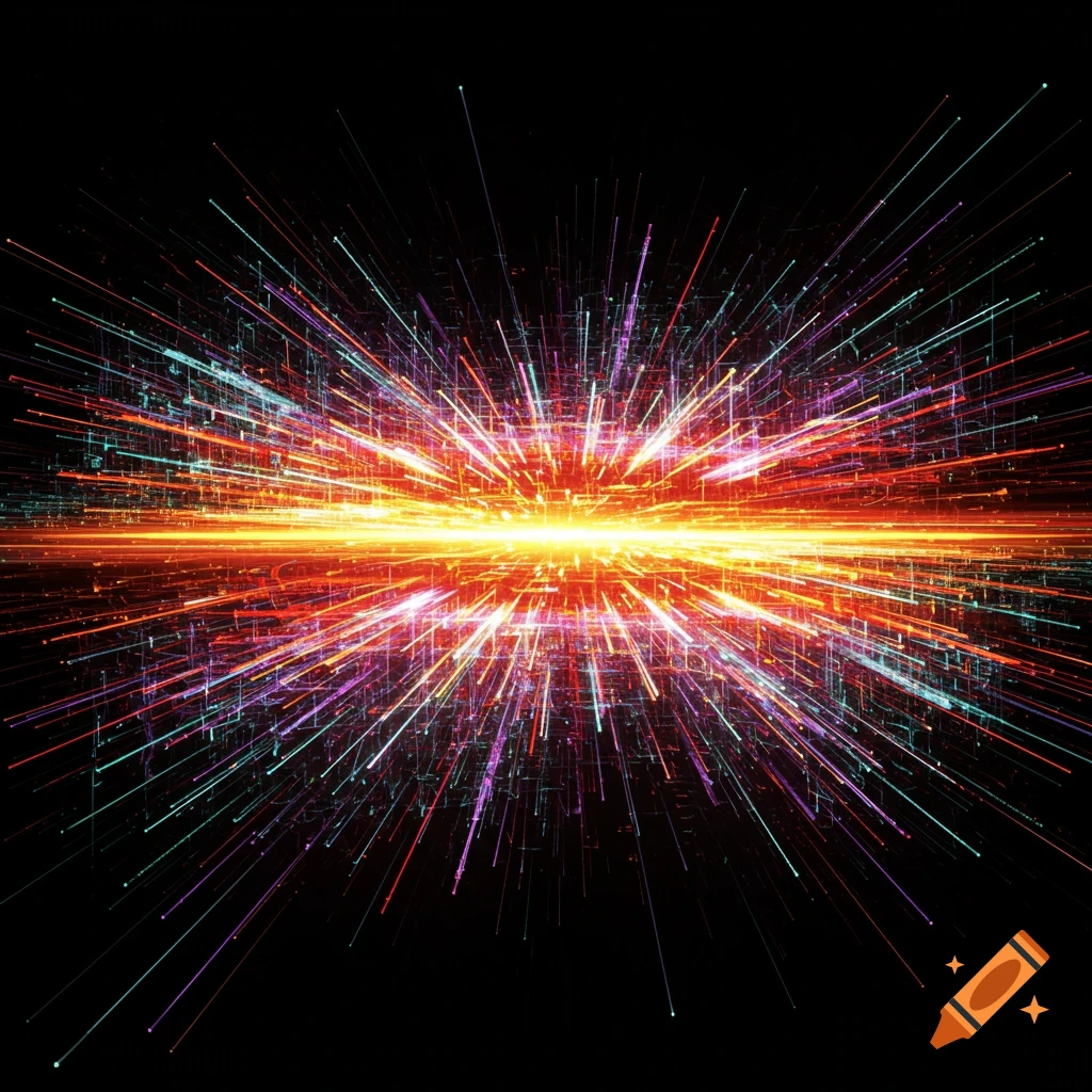 Abstract image of bright light beams expanding outwards from a central point