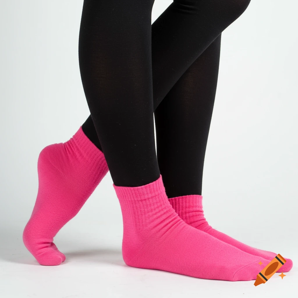 Legs wearing black leggings and pink socks