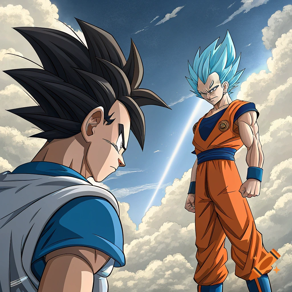 Anime art of two characters, Goku and Vegeta, facing off under a cloudy sky with a light beam.