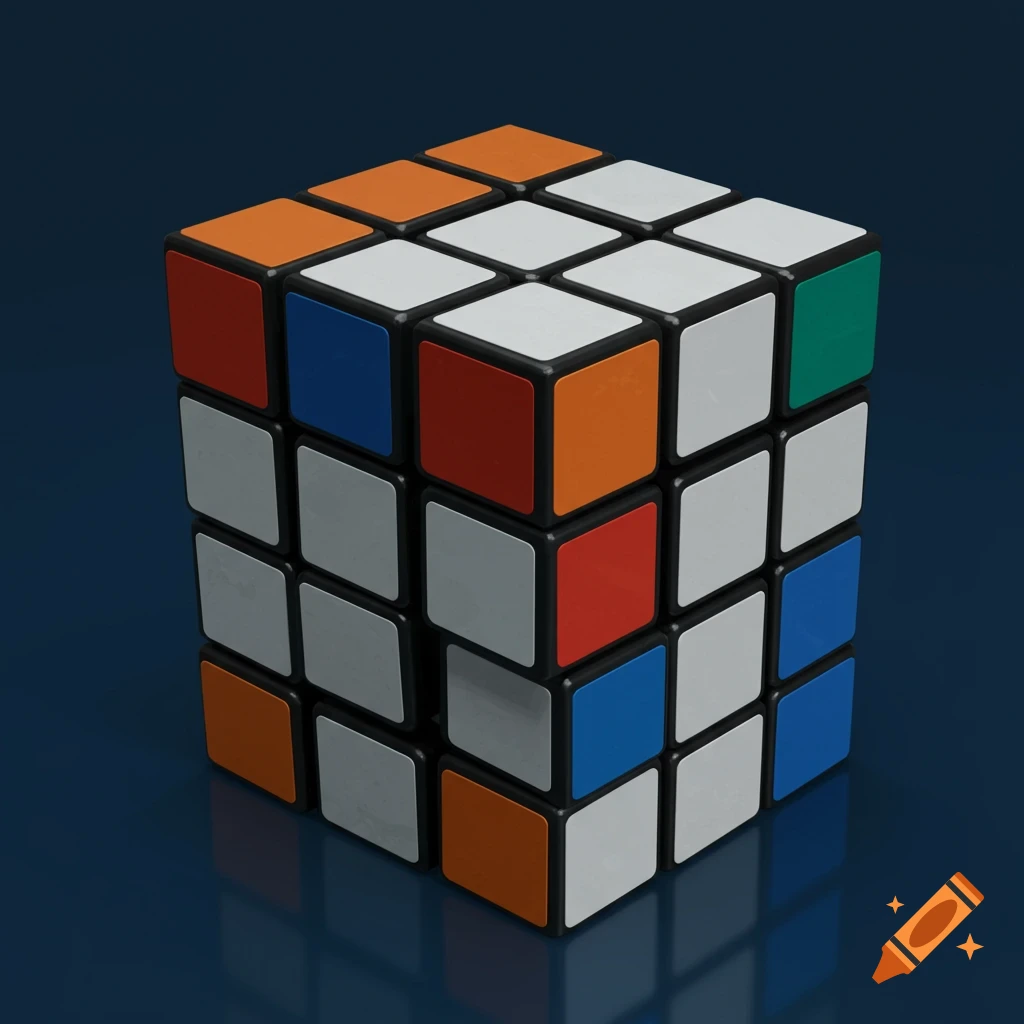 A scrambled Rubik's cube on a dark blue background, photorealistic.