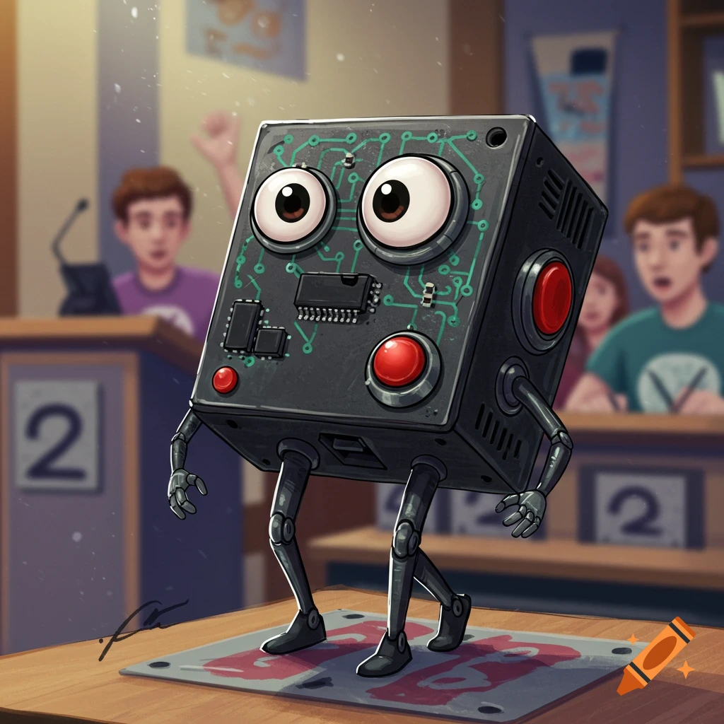 Cartoonish box robot with eyes and legs stands on a mat in a classroom.