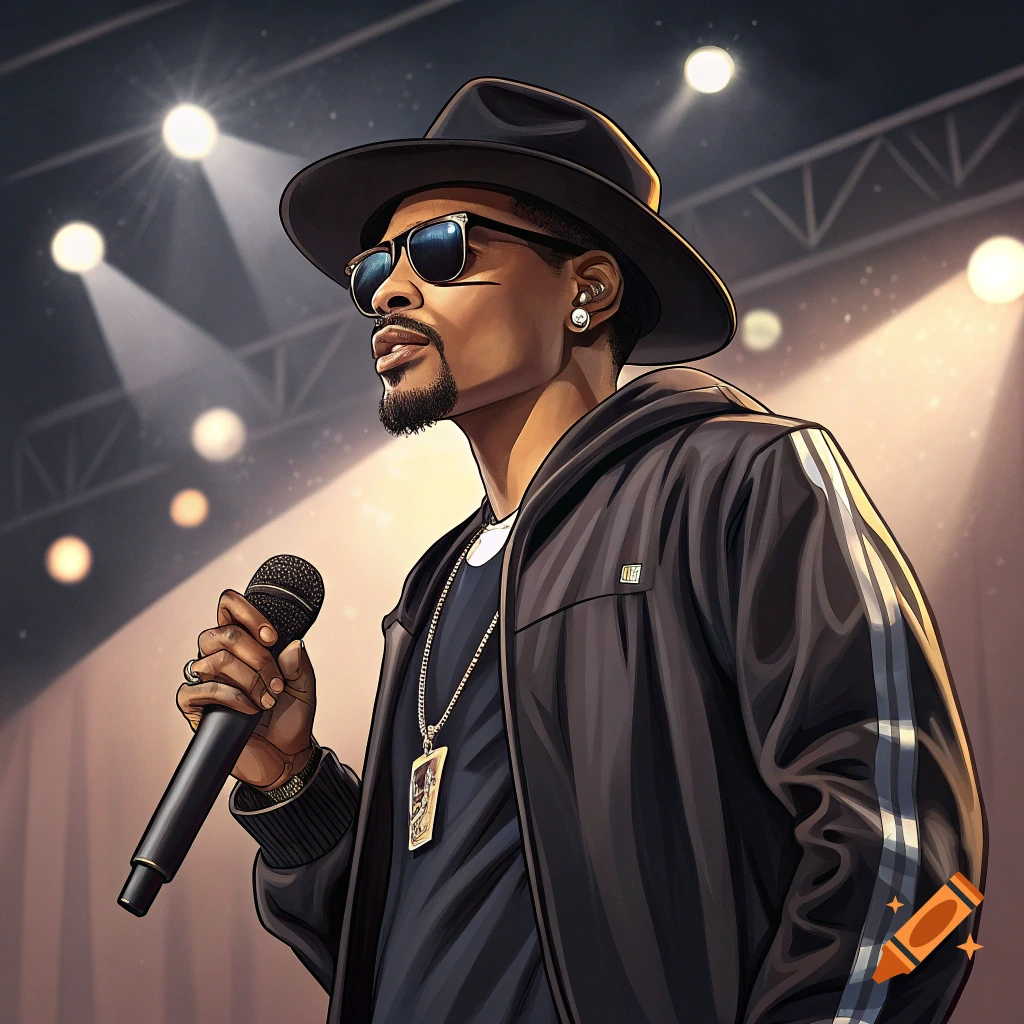Stylized illustration of a rapper on stage with a microphone.