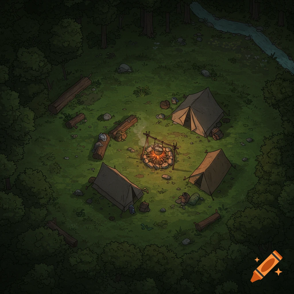 Overhead drawing of a campsite at night with tents, campfire, and stream