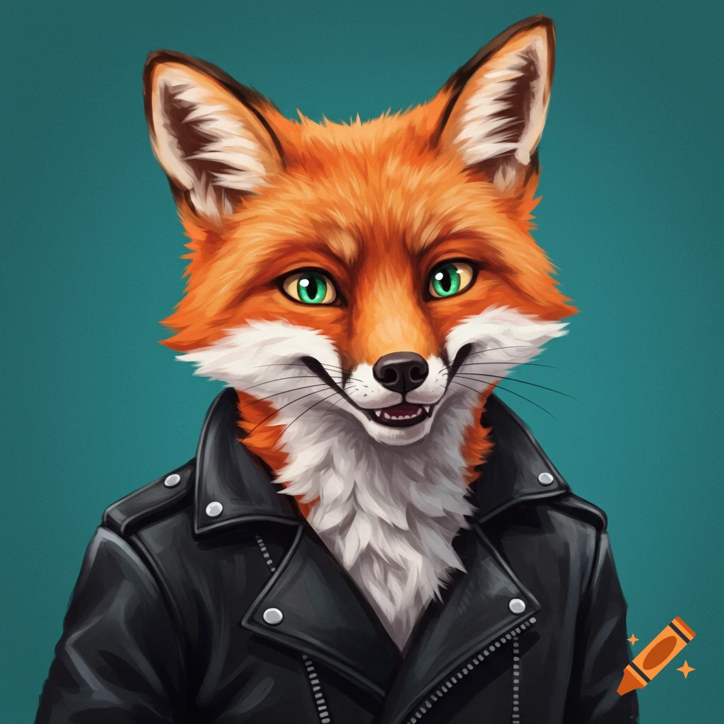 An anthropomorphic fox wearing a black leather jacket.