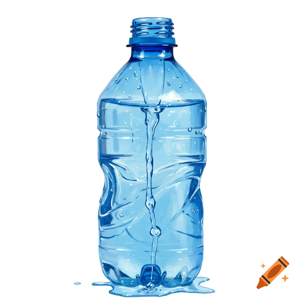 A clear blue water bottle is leaking water from the bottom onto a white surface.
