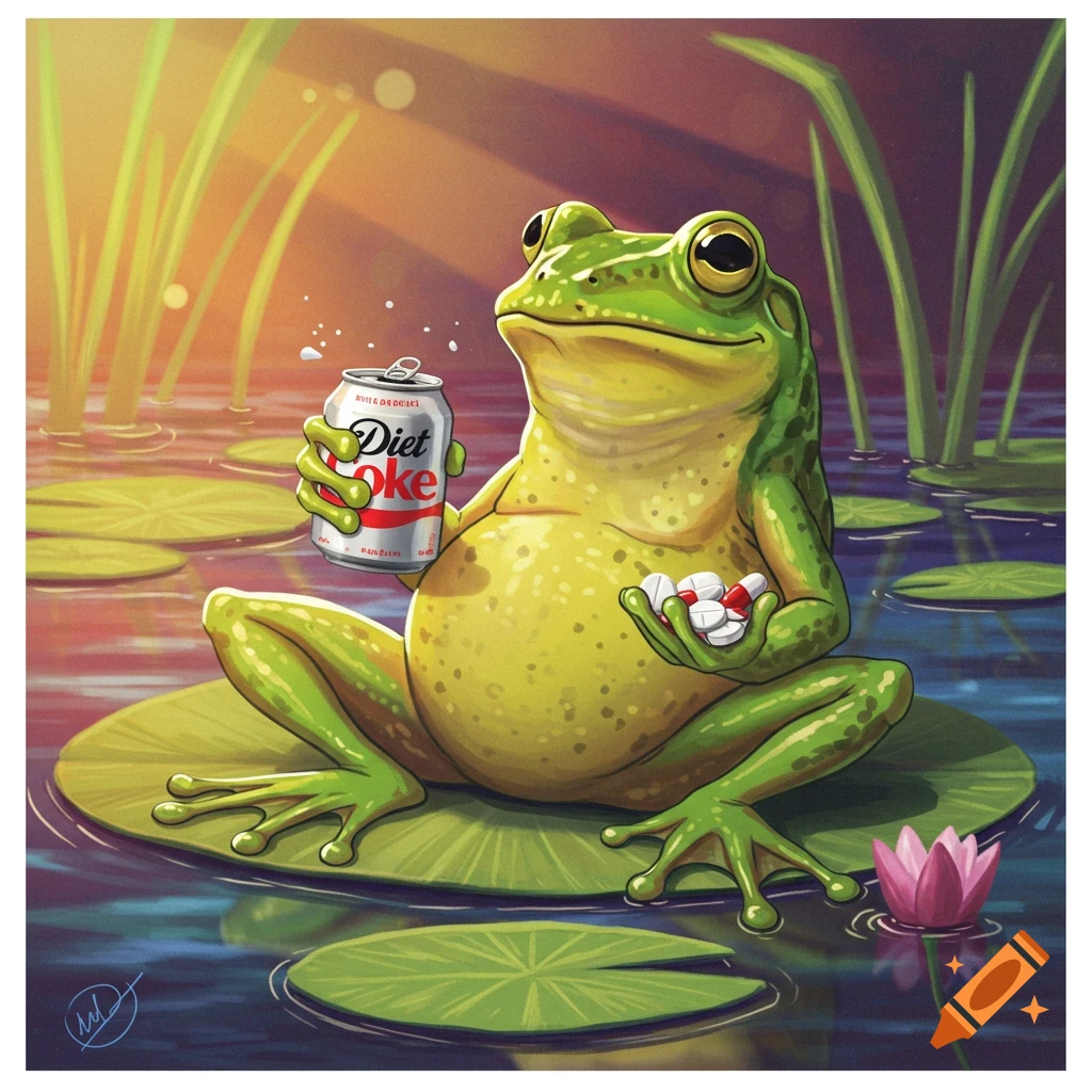 A bullfrog sits on a lily pad, holding a can of Diet Coke and a pile of pills.