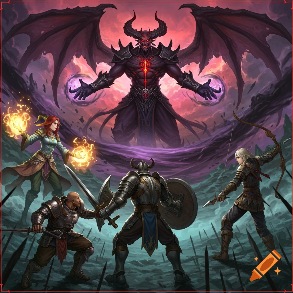 A large demon lord with wings and horns looms over four fantasy heroes (mage, swordsman, knight, archer) in a battle scene.