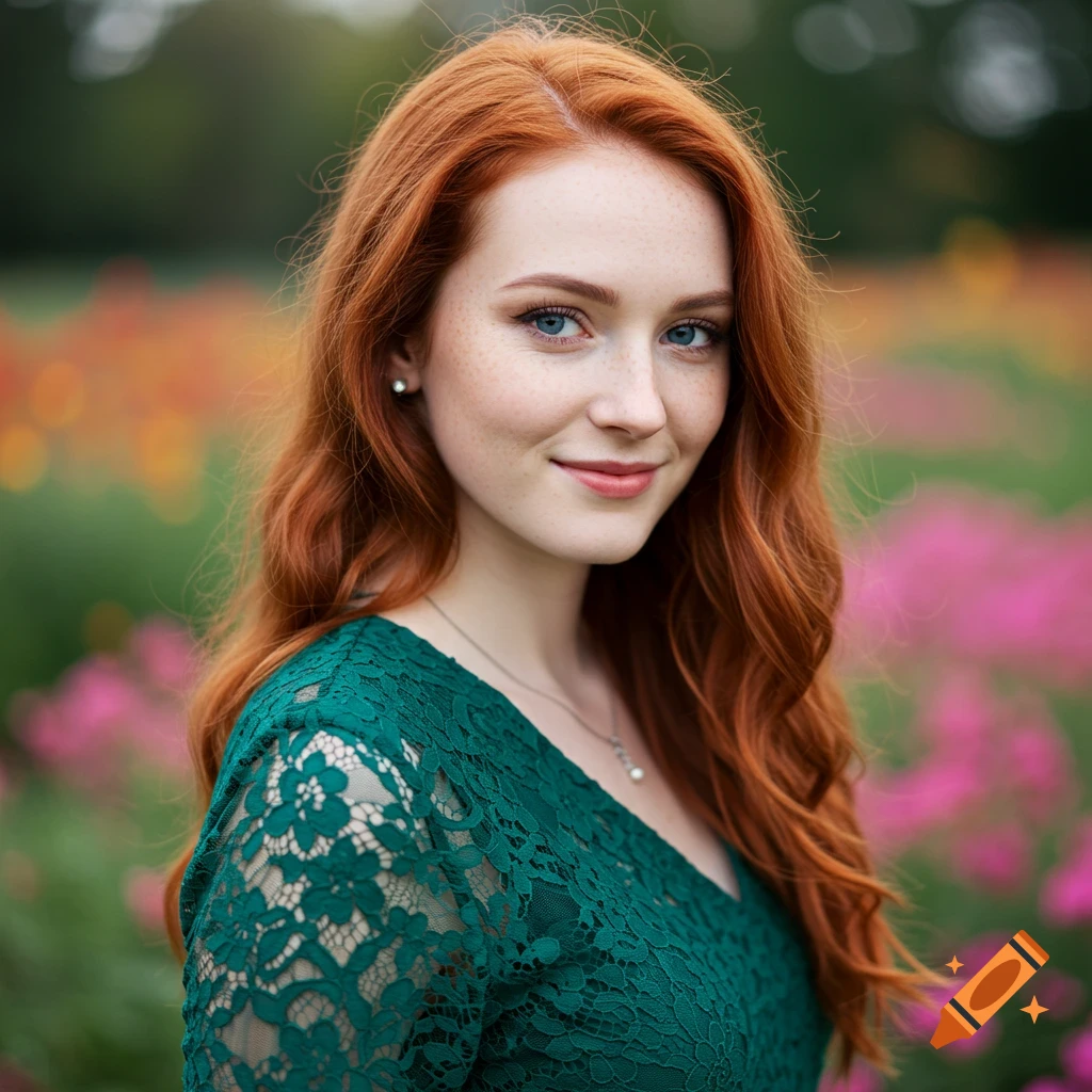 Portrait of a young woman with red hair and freckles smiling in a field of blurred flowers.