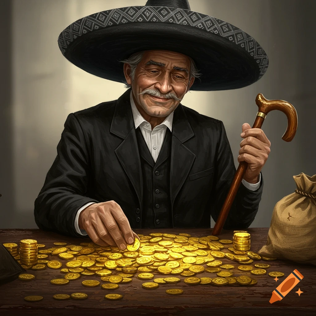 An old man in a sombrero counting a large pile of gold coins on a table, holding a cane.