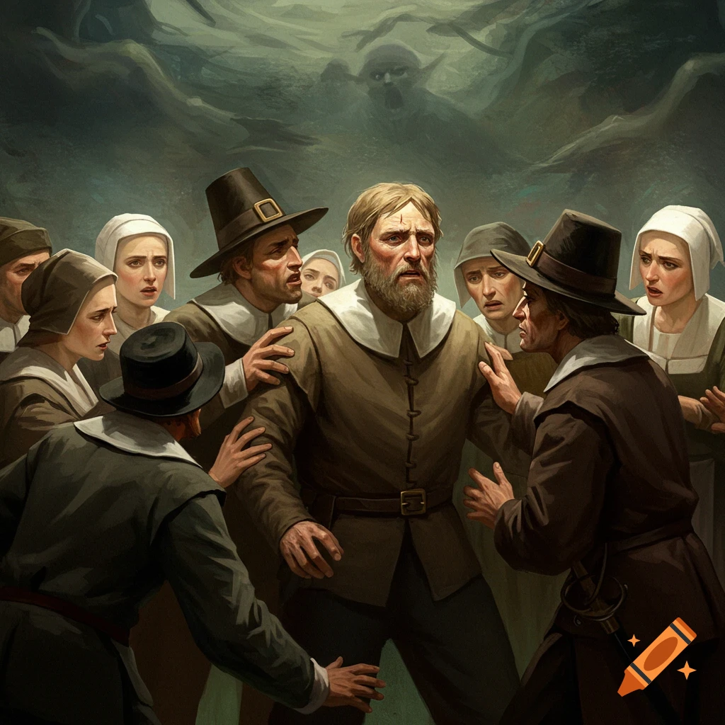 Pilgrims surrounding a central man, protecting him from shadowy figures in the background.