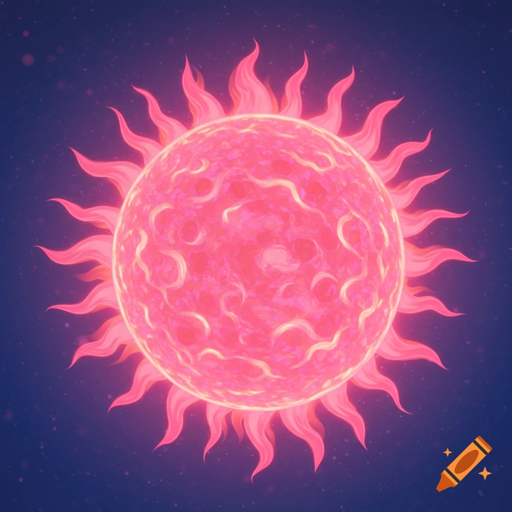 A pink sun with flares against a starry background