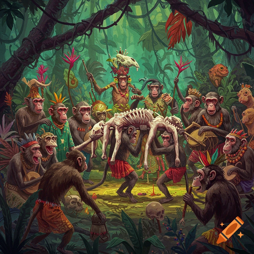 Monkeys in a jungle celebrating death by carrying a skeleton.