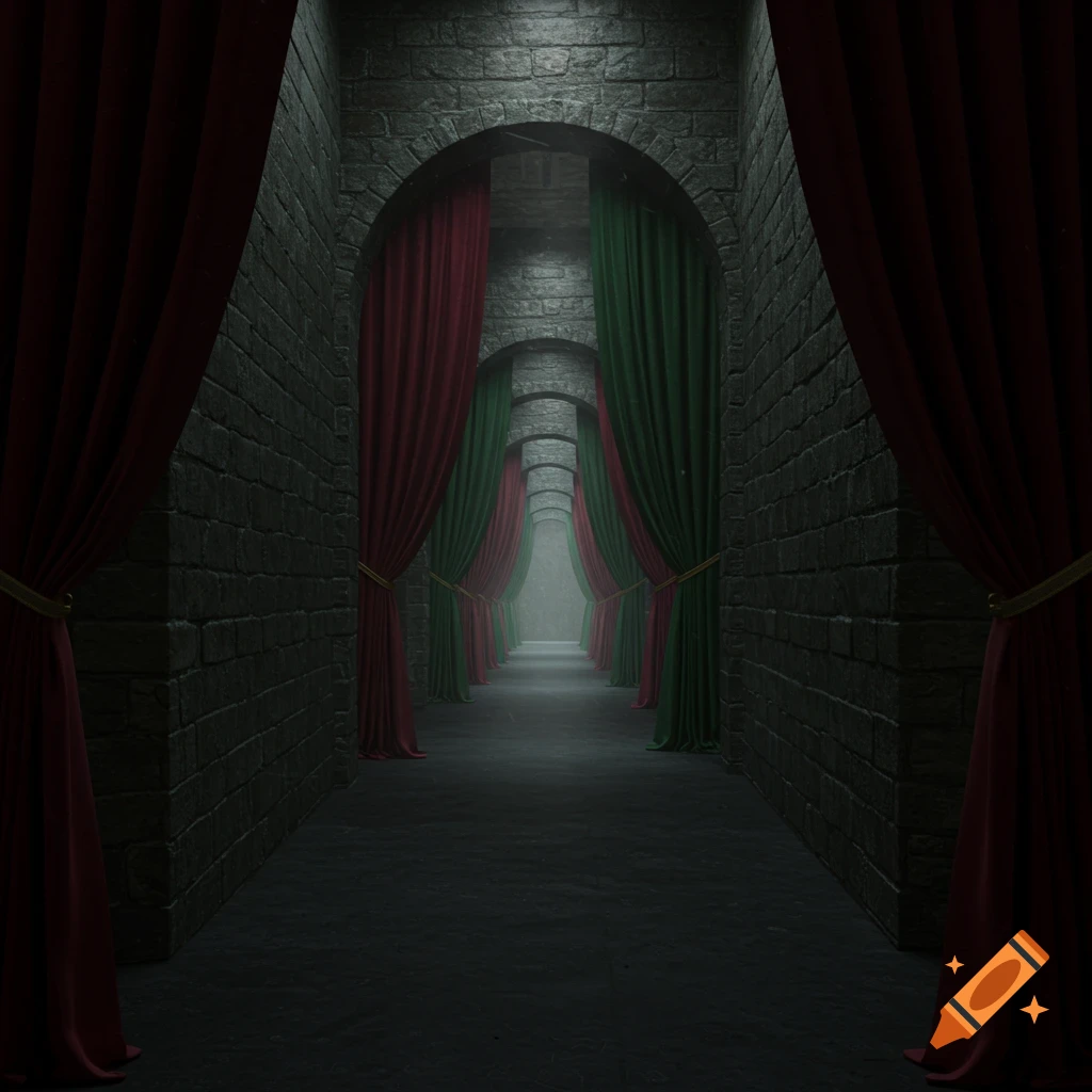Dark arched corridor lined with red and green curtains