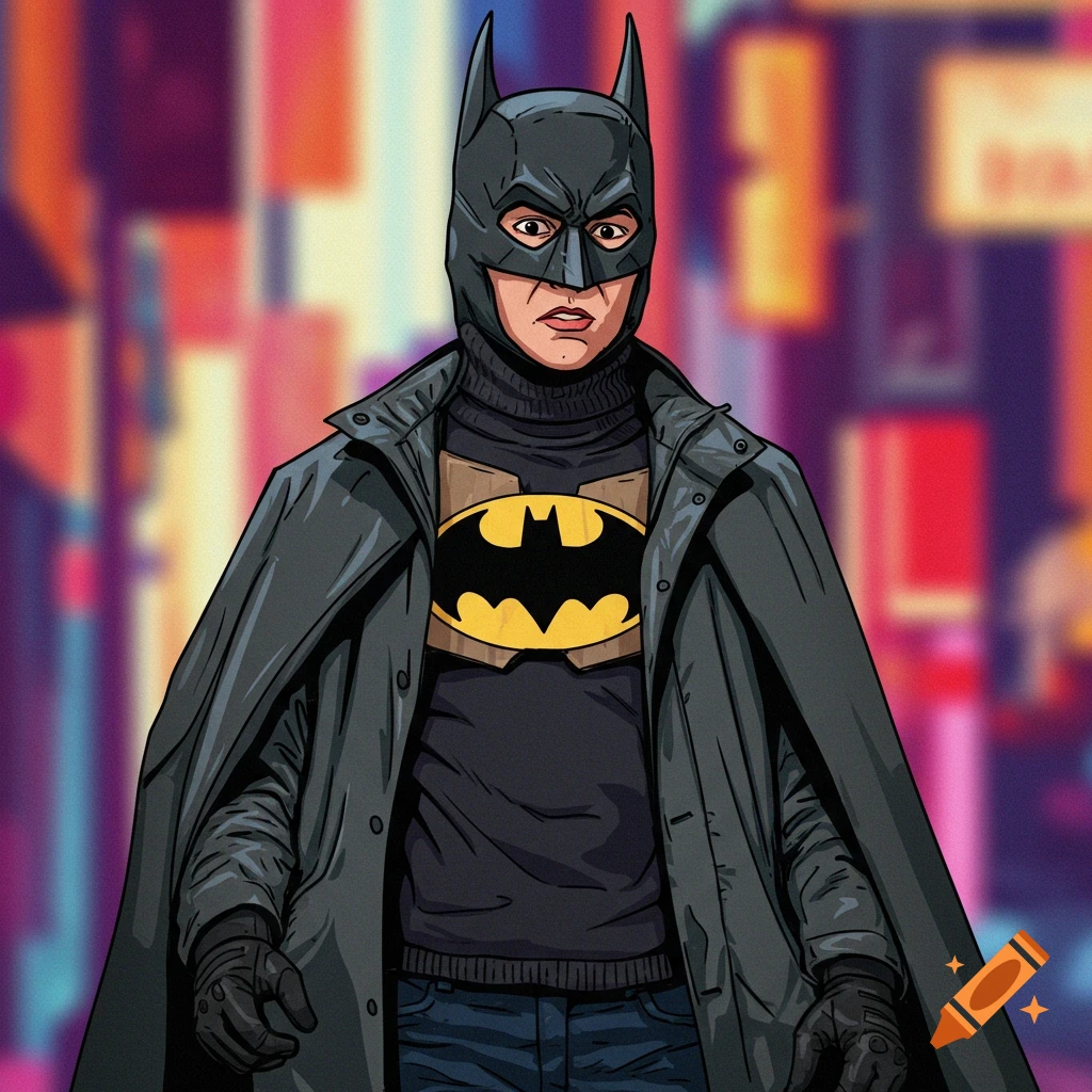 Illustration of a person in a 'budget' Batman costume standing against a blurred city background.