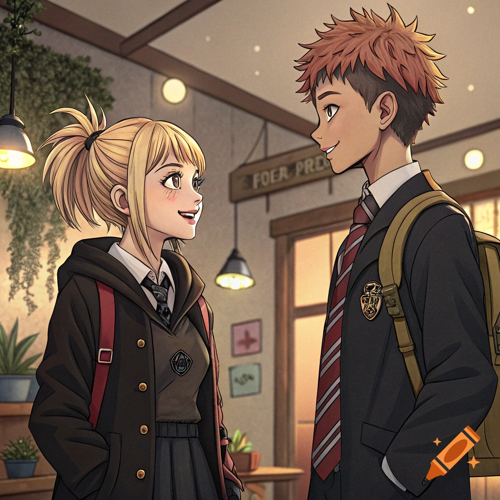 Two anime teenagers in school uniforms talking in a hallway.