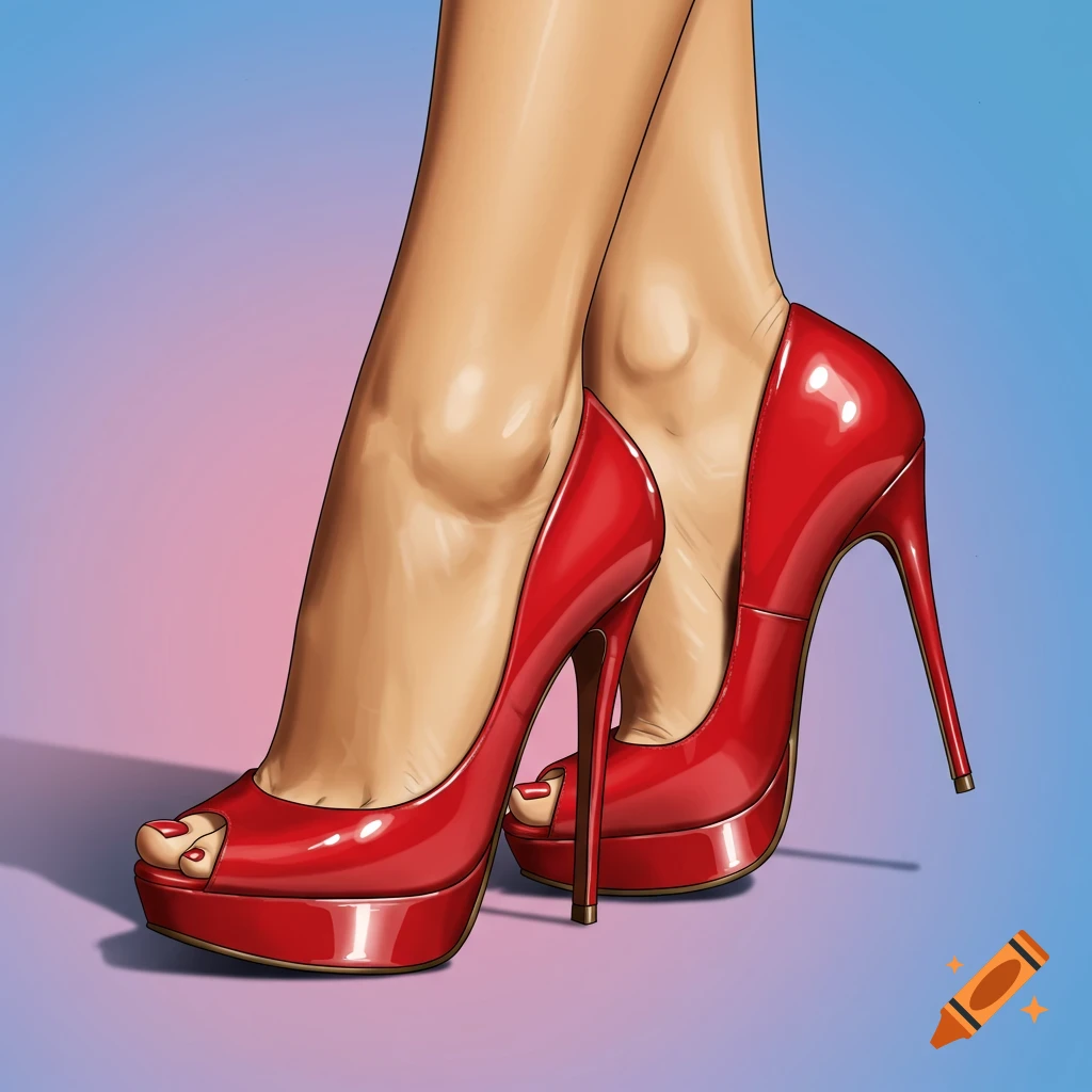 feet wearing shiny red high-heeled shoes