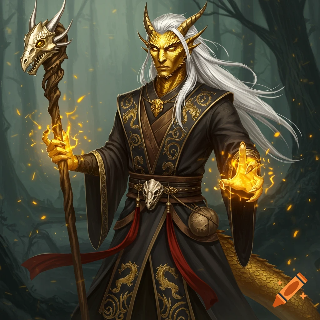 Gold dragonborn sorcerer casting a spell in a forest.