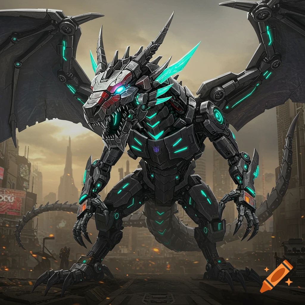 A detailed robot dragon with glowing teal accents stands in an urban environment, based on Transformers.