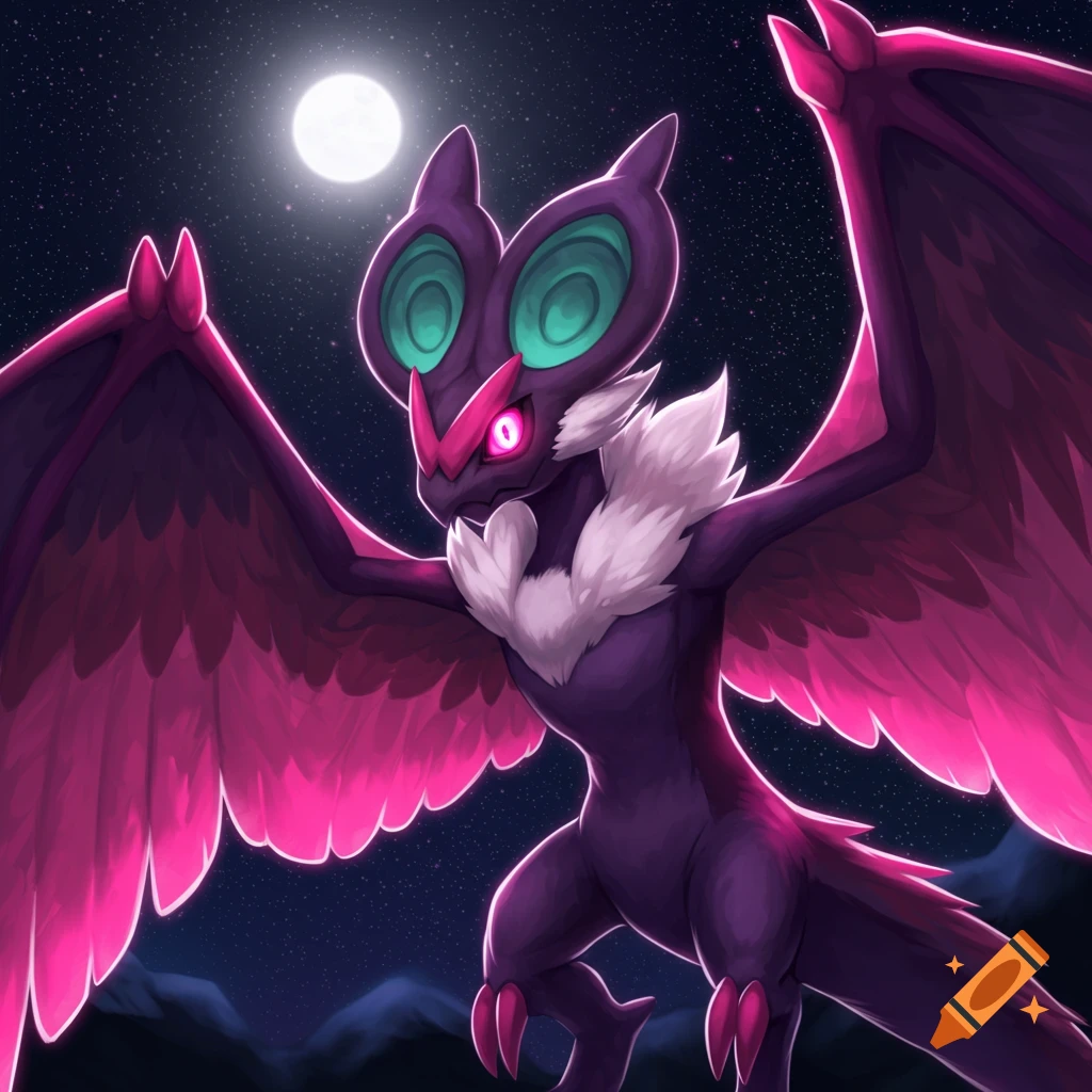 A purple bat-like pokemon with green eyes and pink wings, flying at night under a full moon.