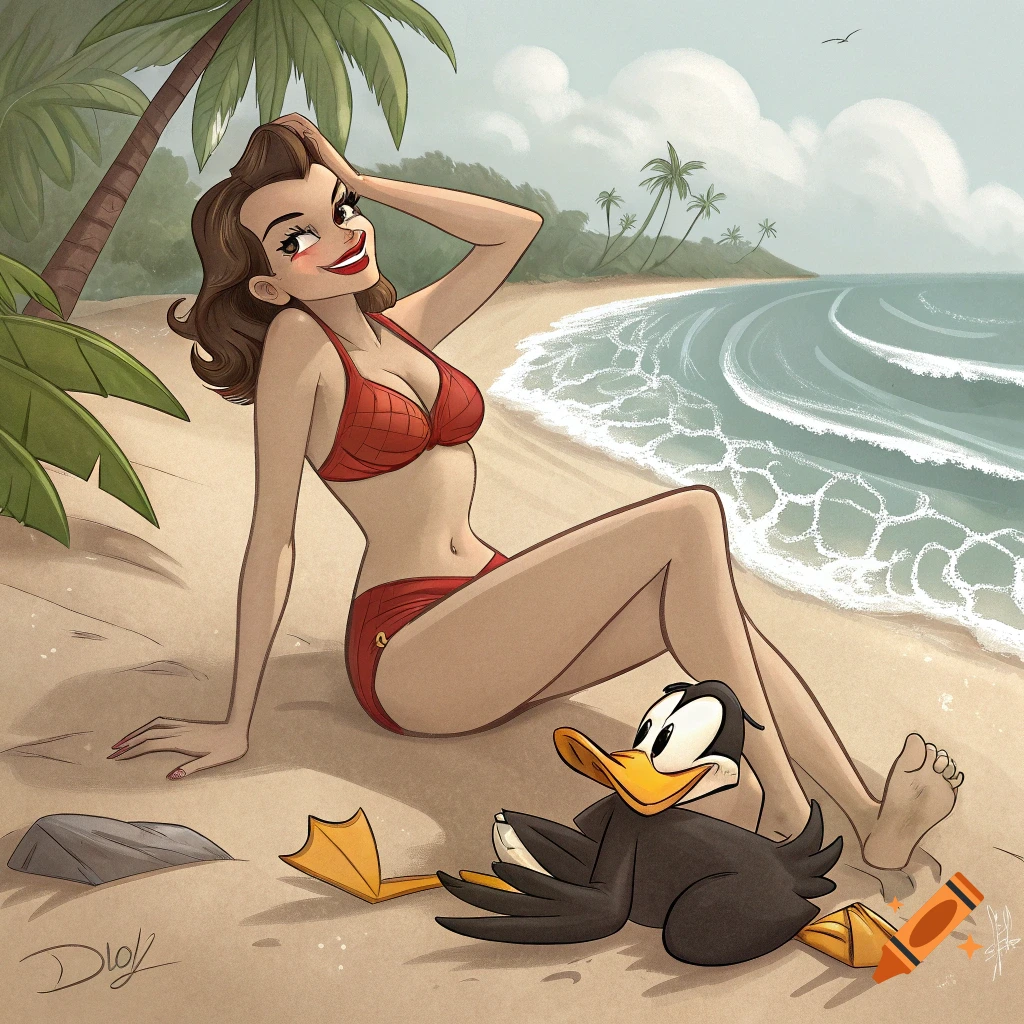 Cartoon woman in red bikini sitting on a beach with Daffy Duck.