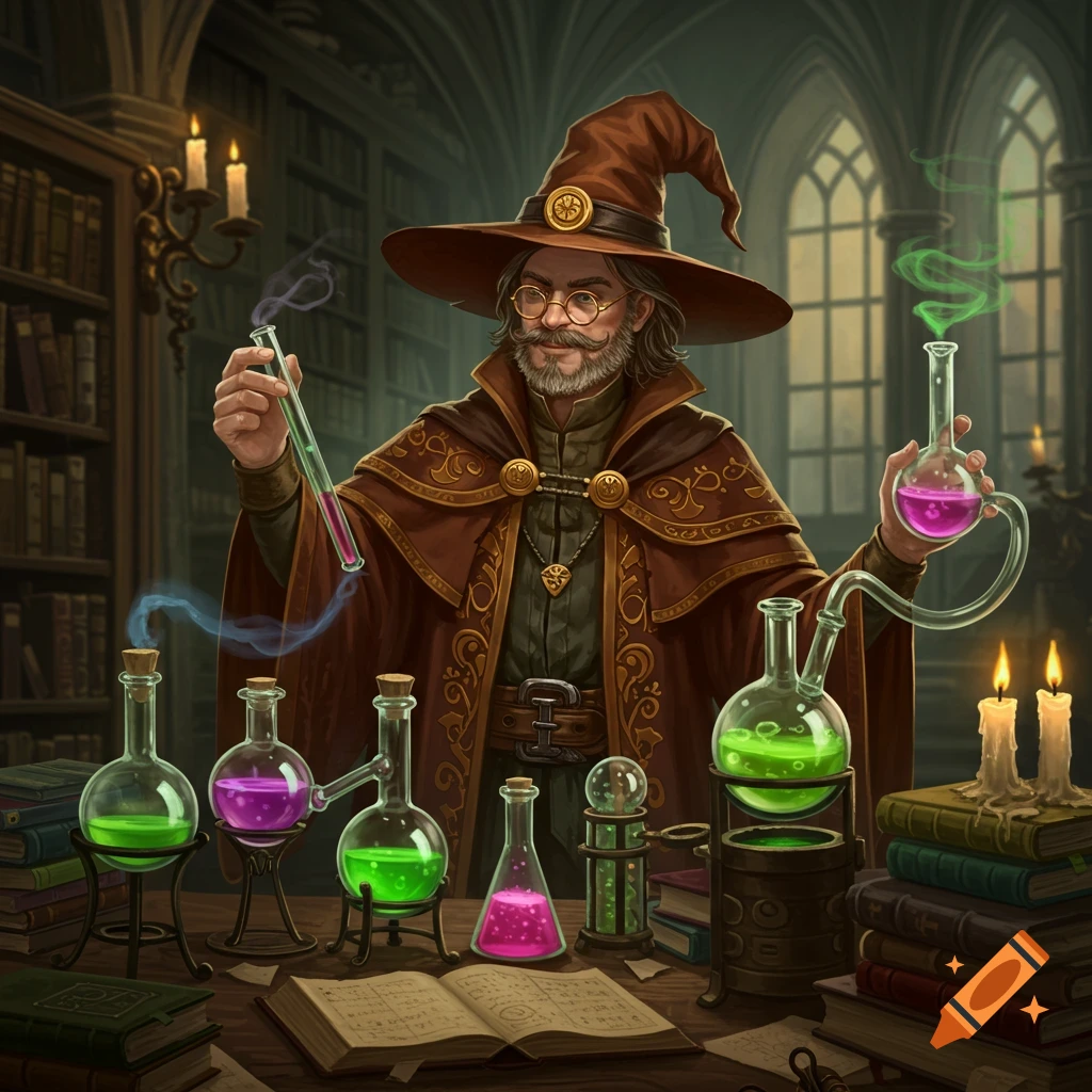 A wizard in a hat performs alchemy with beakers and colorful liquids in a library lab.