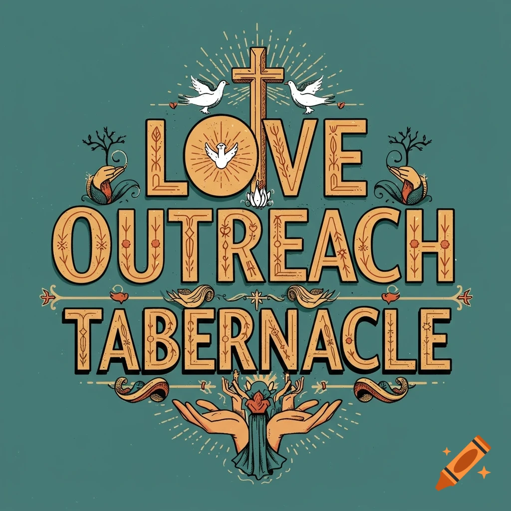 Graphic with 'LOVE OUTREACH TABERNACLE' text, cross, doves, and hands.