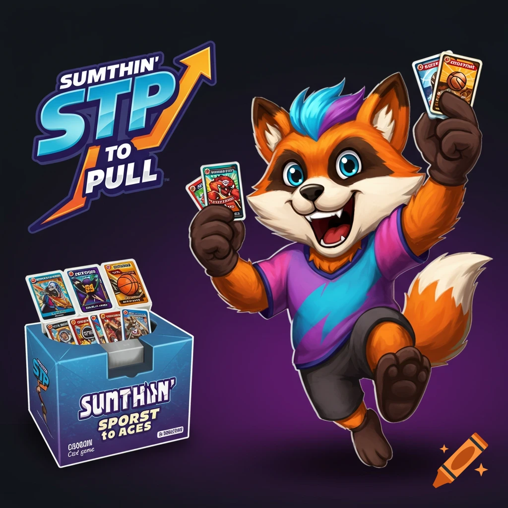 Cartoon fox mascot holding trading cards next to a box, with a logo that says 'SUMTHIN' STP TO PULL'.