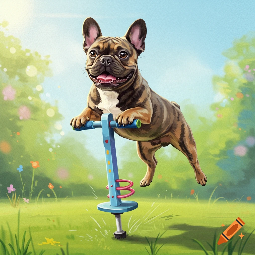 A cute French bulldog hops on a blue pogo stick in a sunny park, digital art.