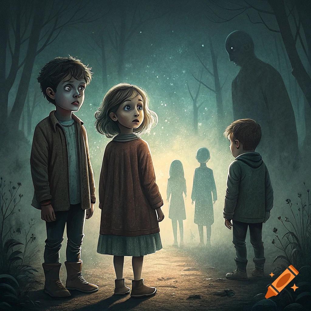 Children look scared in a dark forest with mysterious shadowy figures.